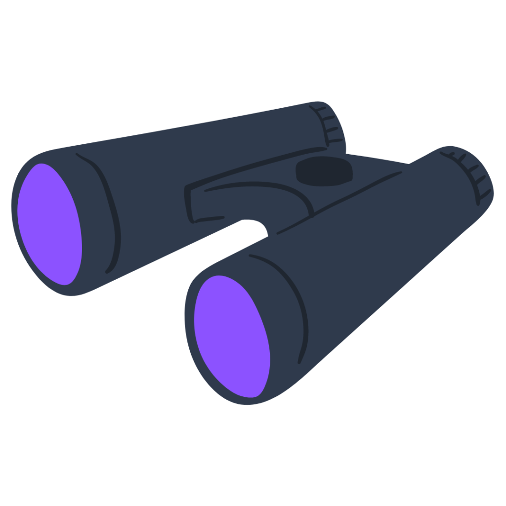 A flat illustration style pair of binoculars with purple tinted lenses